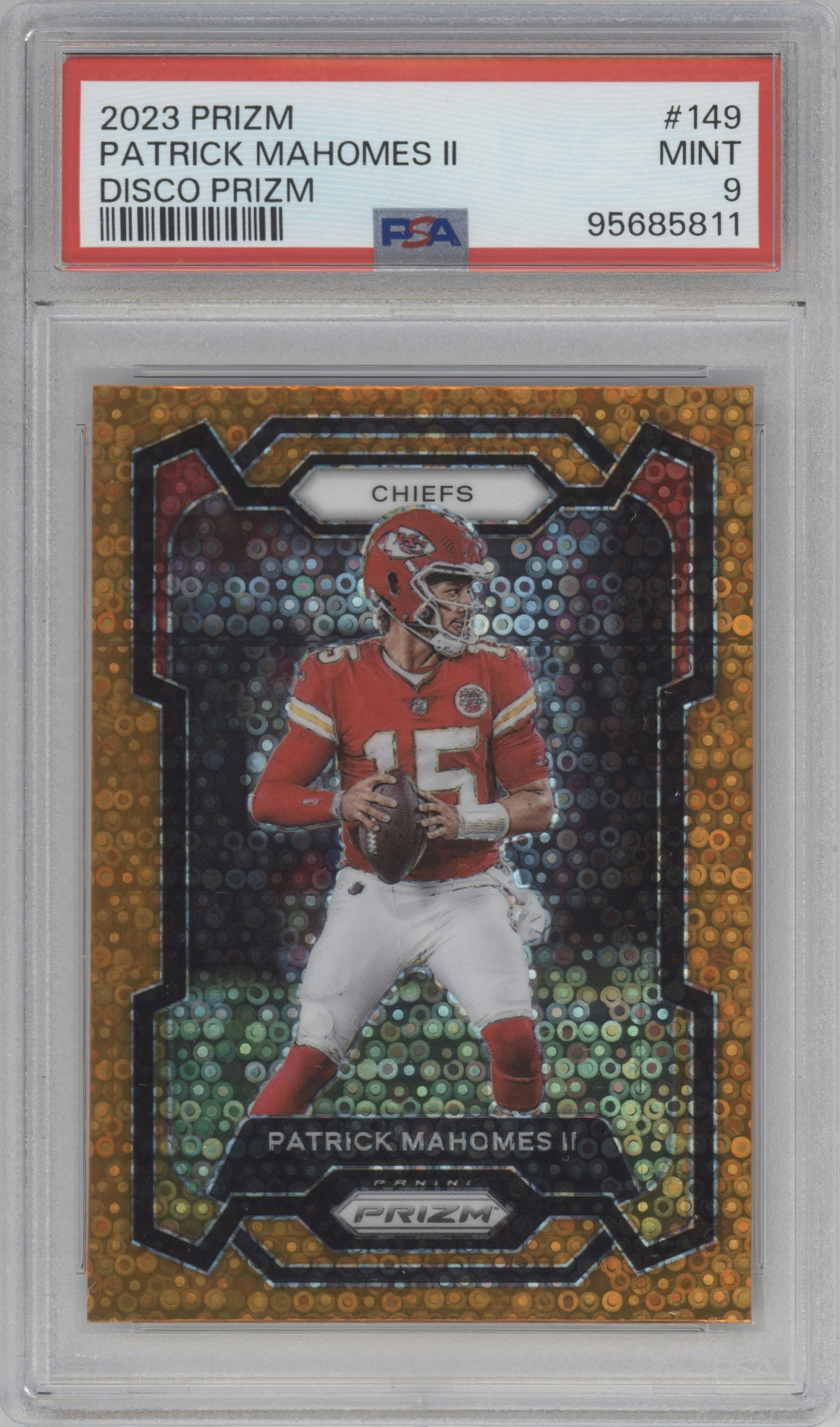 Patrick Mahomes II from the 2023 Panini Prizm set featuring a Disco parallel graded by PSA and given an overall grade of 9.