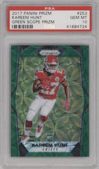 Kareem Hunt from the 2017 Panini Prizm set featuring a Green Scope parallel graded by PSA and given an overall grade of 10.