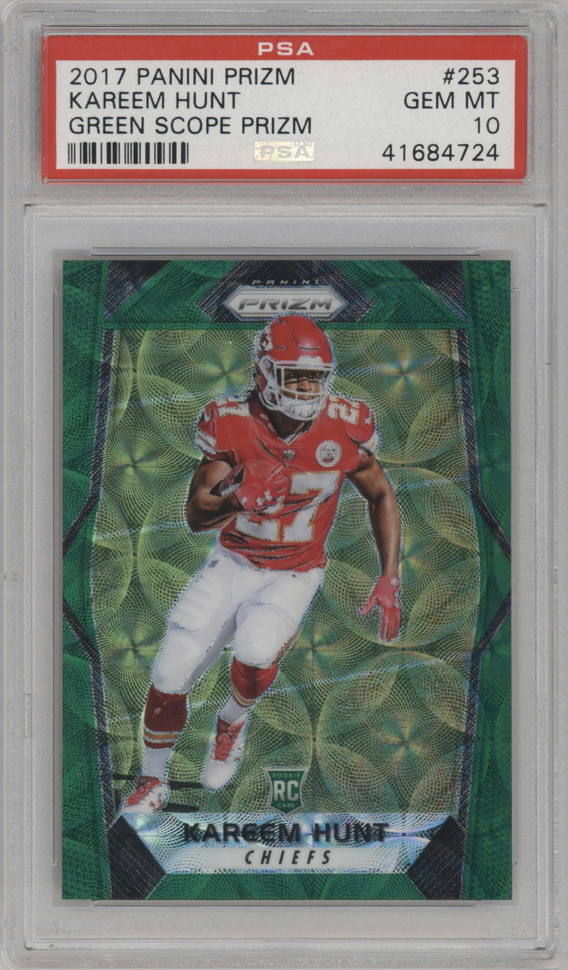 Kareem Hunt from the 2017 Panini Prizm set featuring a Green Scope parallel graded by PSA and given an overall grade of 10.