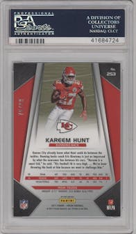 Kareem Hunt from the 2017 Panini Prizm set featuring a Green Scope parallel graded by PSA and given an overall grade of 10.
