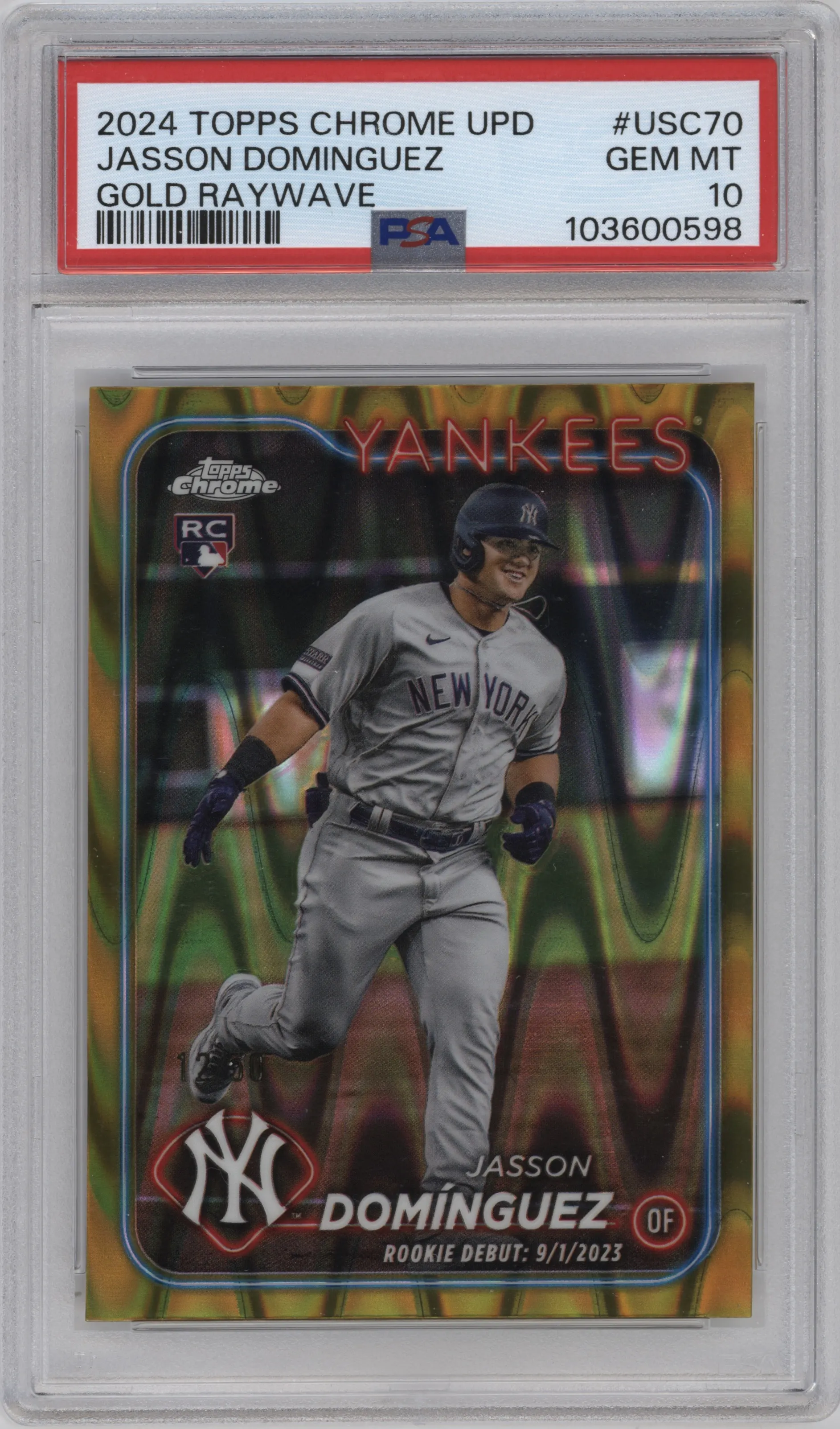 2024 Topps Chrome Update Jasson Dominguez Gold RayWave Refractor PSA 10