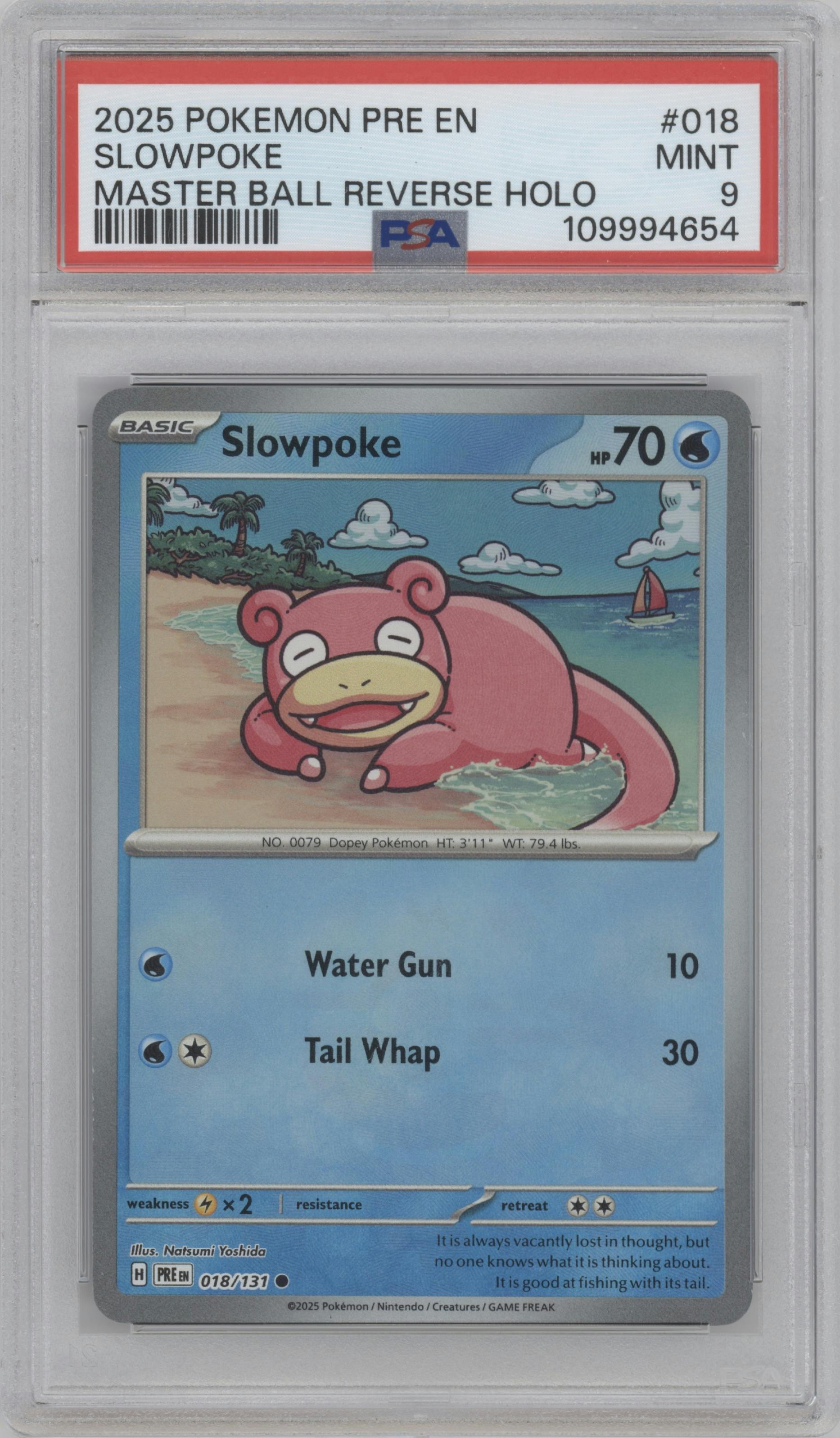 Slowpoke from the 2025 Pokemon SV set featuring a Master Ball parallel graded by PSA and given an overall grade of 9.
