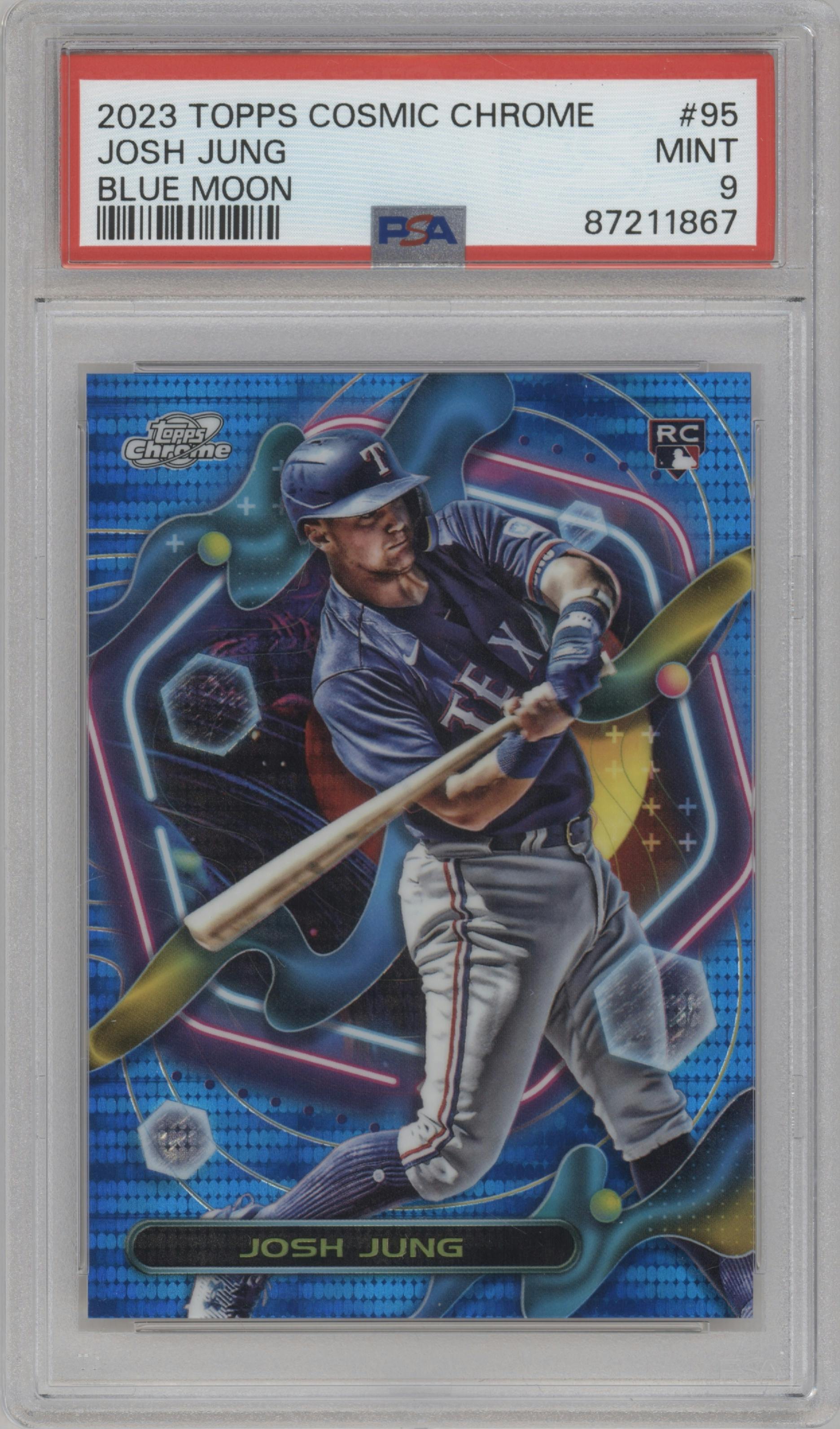 Josh Jung from the 2023 Topps Cosmic Chrome set featuring a Blue Moon Refractor parallel graded by PSA and given an overall grade of 9.