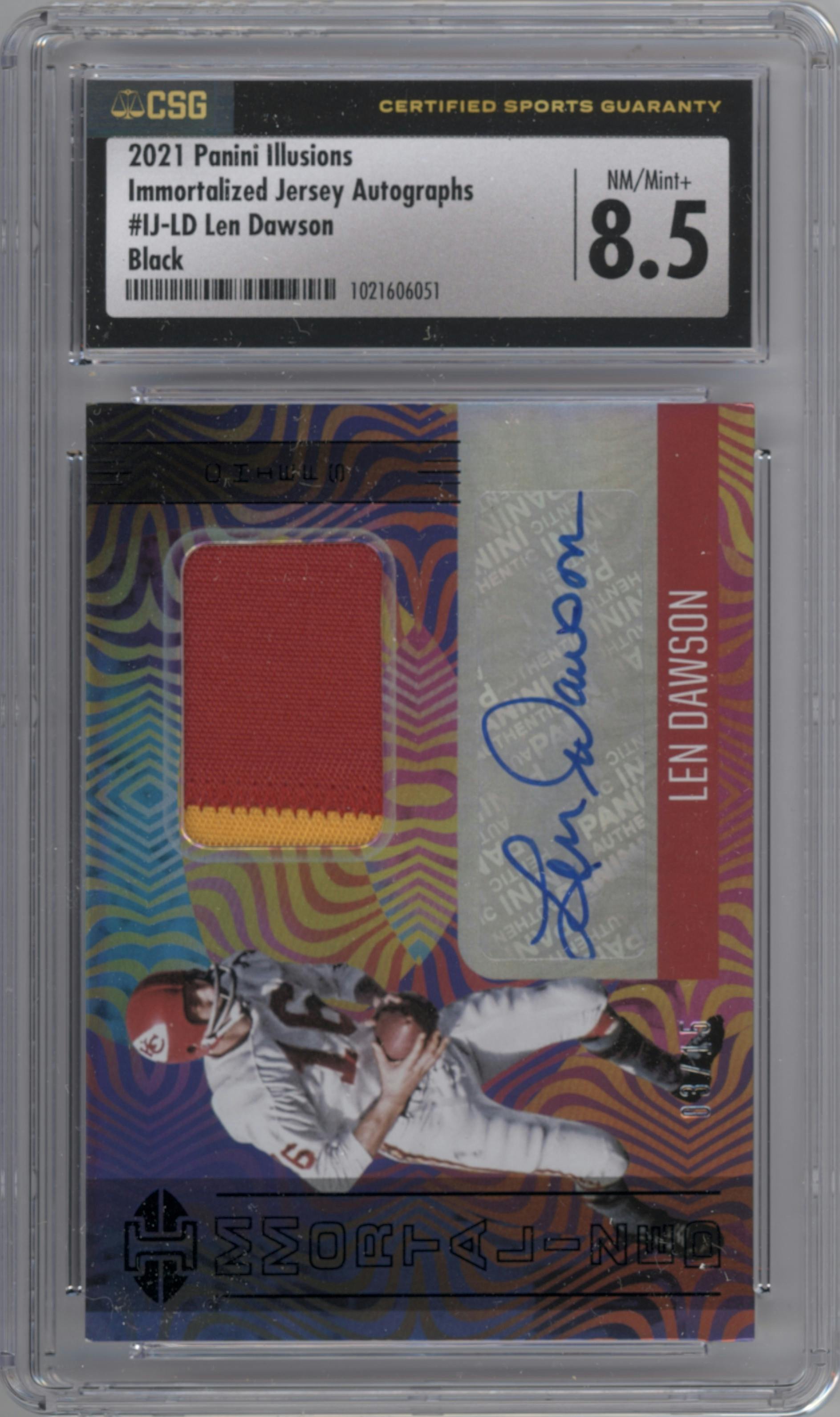 Len Dawson from the 2021 Panini Illusions set featuring a Black parallel graded by CSG and given an overall grade of 8.5.