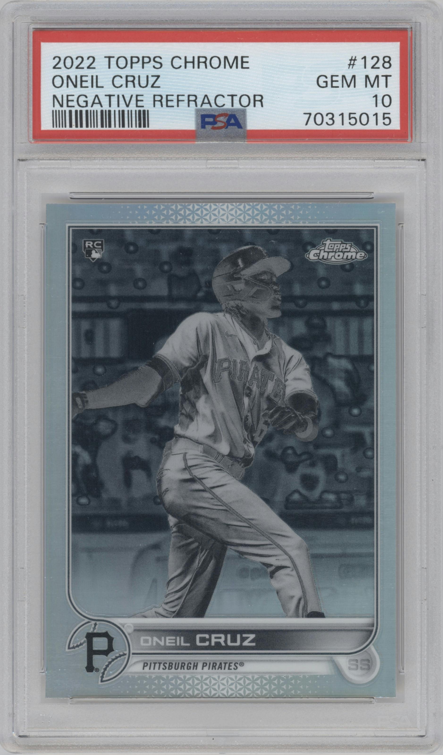 Oneil Cruz from the 2022 Topps Chrome set featuring a Negative Refractor parallel graded by PSA and given an overall grade of 10.