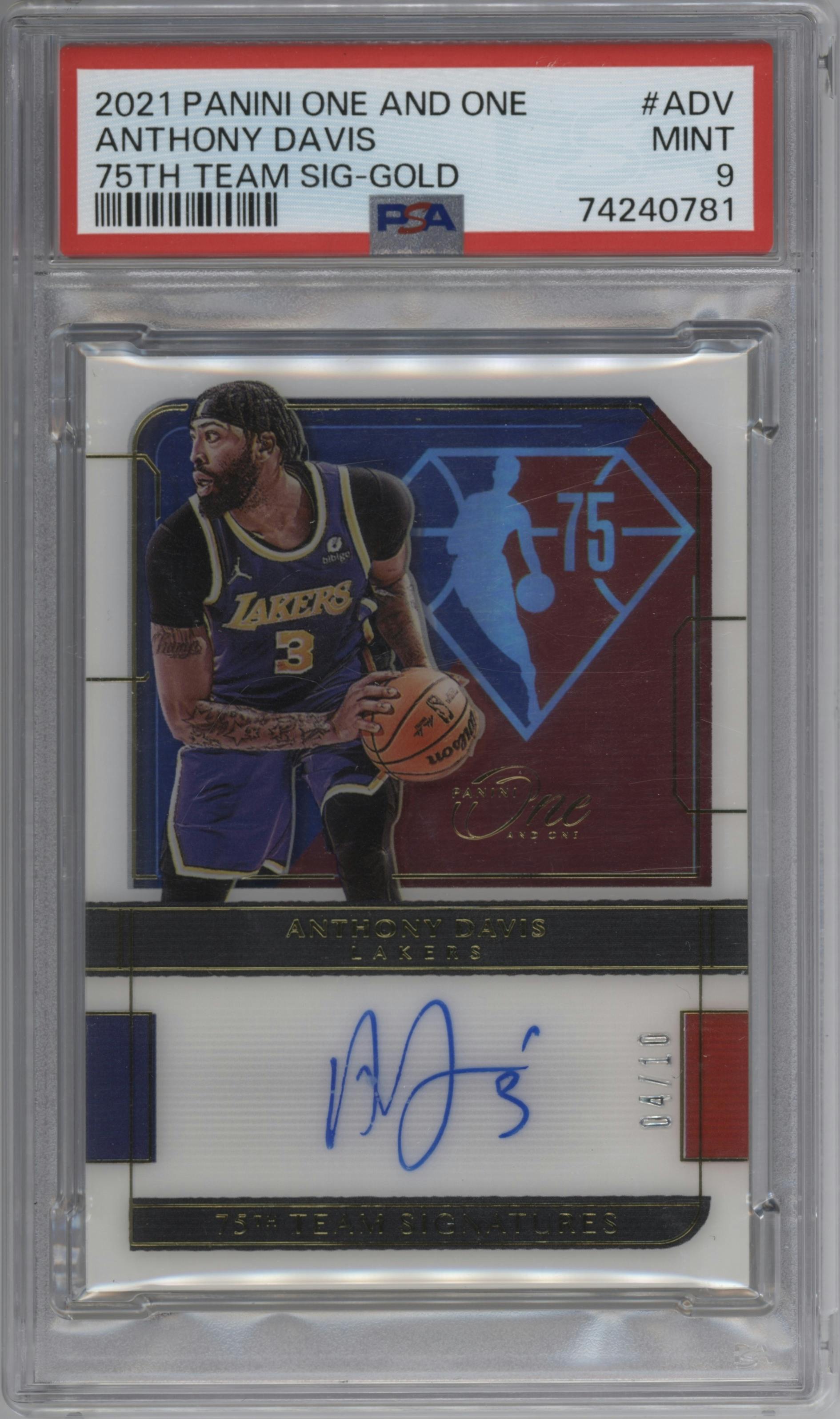 Anthony Davis from the 2021-22 Panini One and One set featuring a Gold  parallel graded by PSA and given an overall grade of 9.