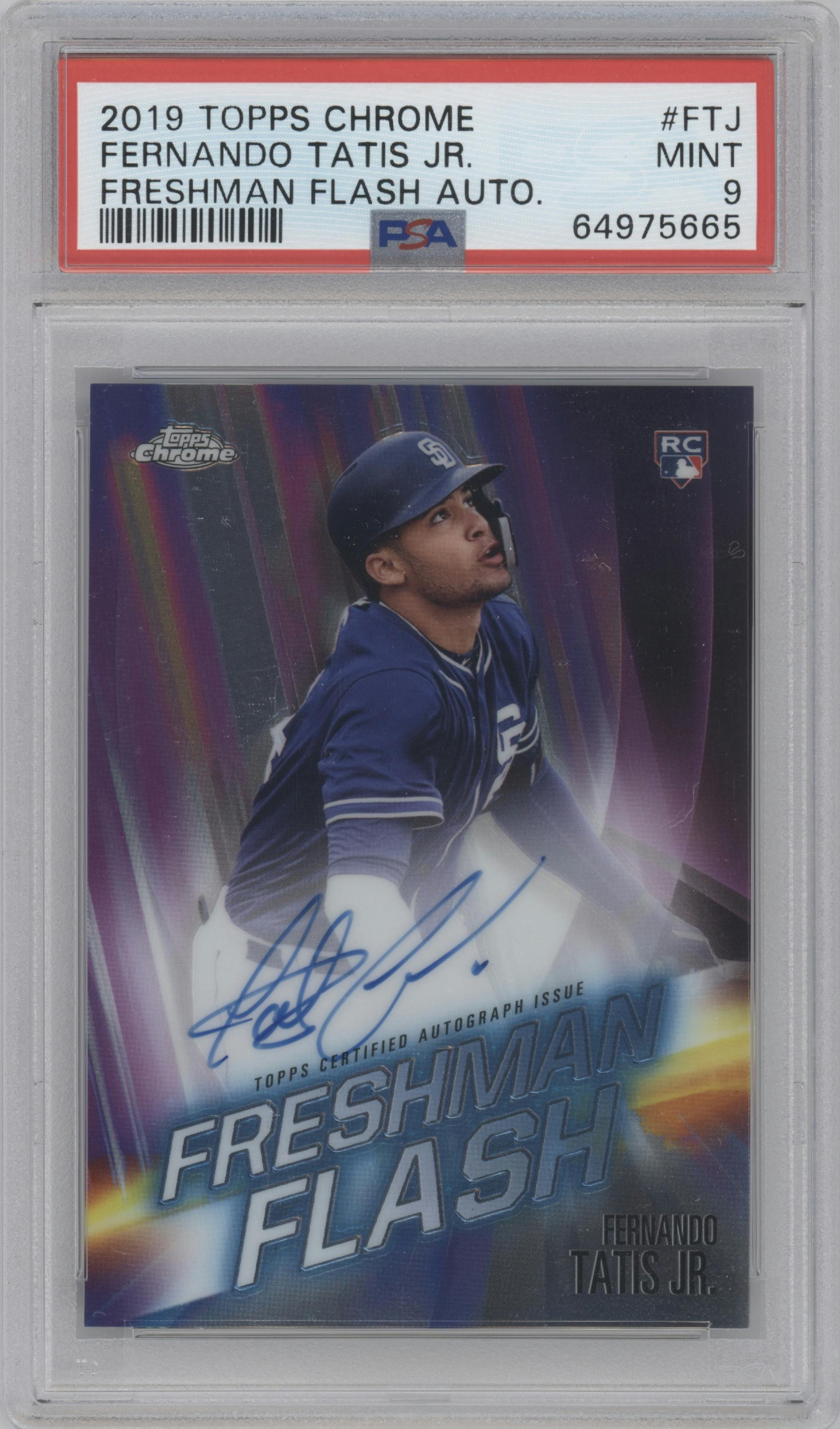 Fernando Tatis Jr. from the 2019 Topps Chrome set graded by PSA and given an overall grade of 9.