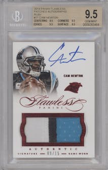 Cam Newton from the 2014 Panini Flawless set featuring a Ruby parallel graded by Beckett and given an overall grade of 9.5.