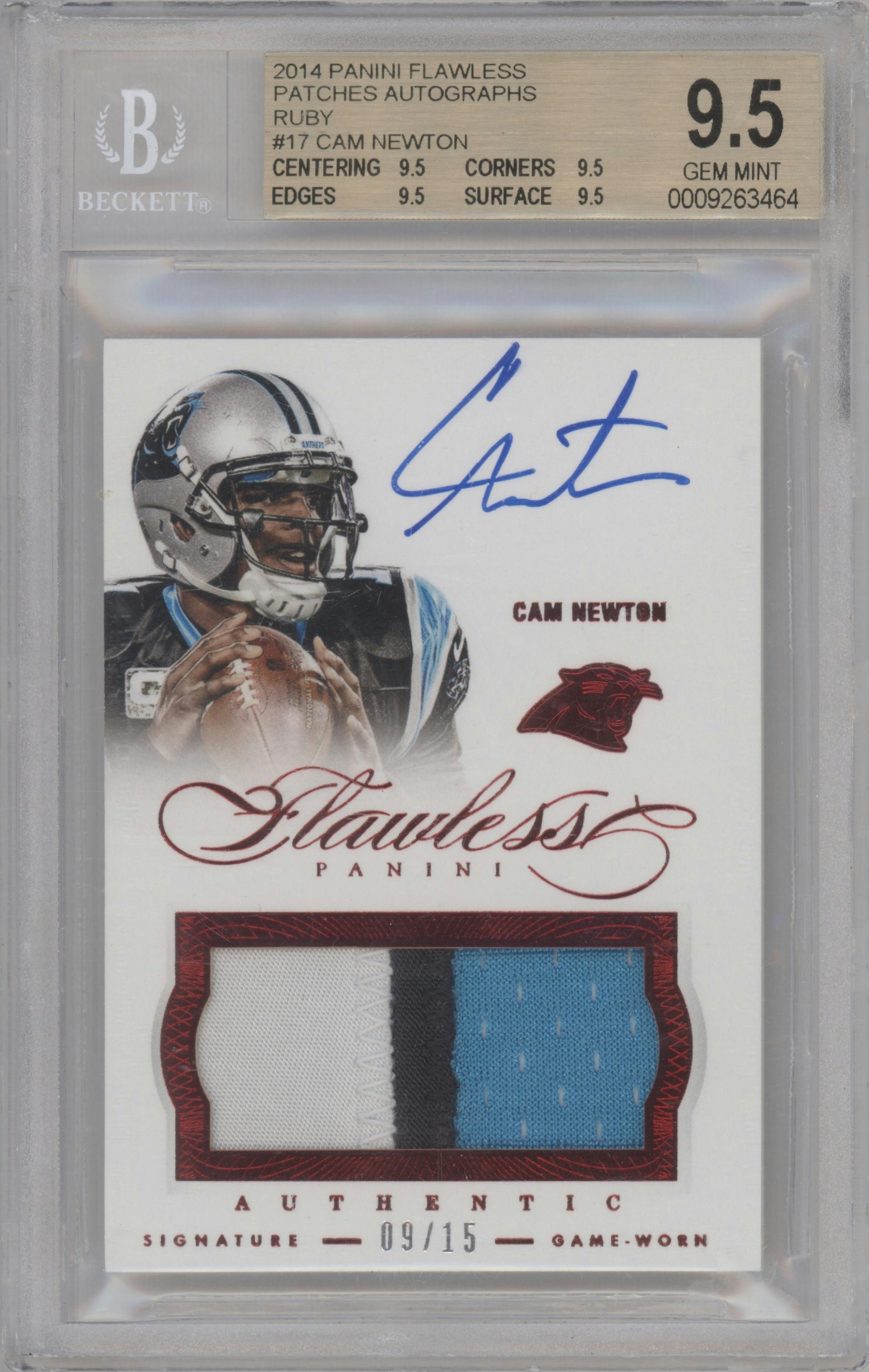Cam Newton from the 2014 Panini Flawless set featuring a Ruby parallel graded by Beckett and given an overall grade of 9.5.