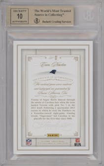 Cam Newton from the 2014 Panini Flawless set featuring a Ruby parallel graded by Beckett and given an overall grade of 9.5.