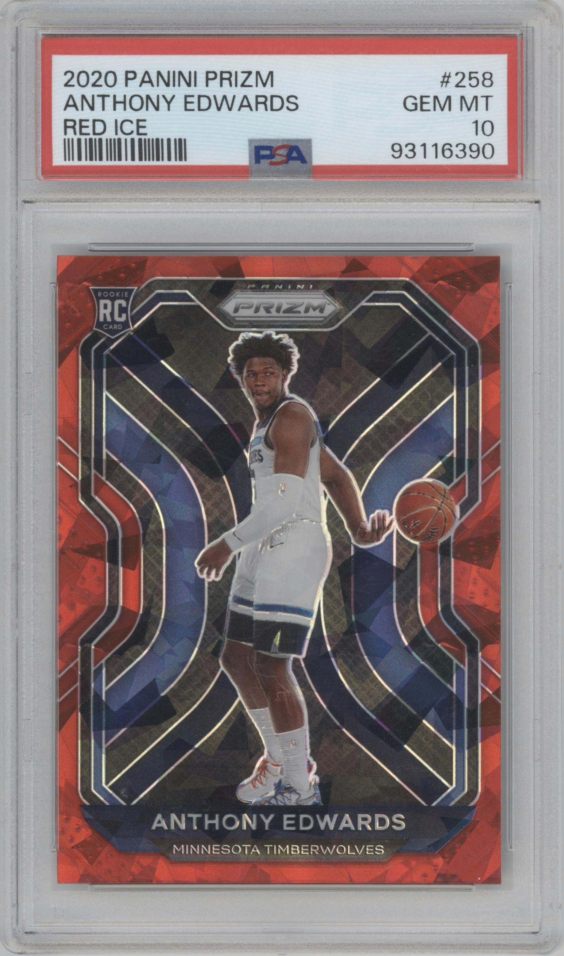 Anthony Edwards from the 2020-21 Panini Prizm set featuring a Red Ice parallel graded by PSA and given an overall grade of 10.