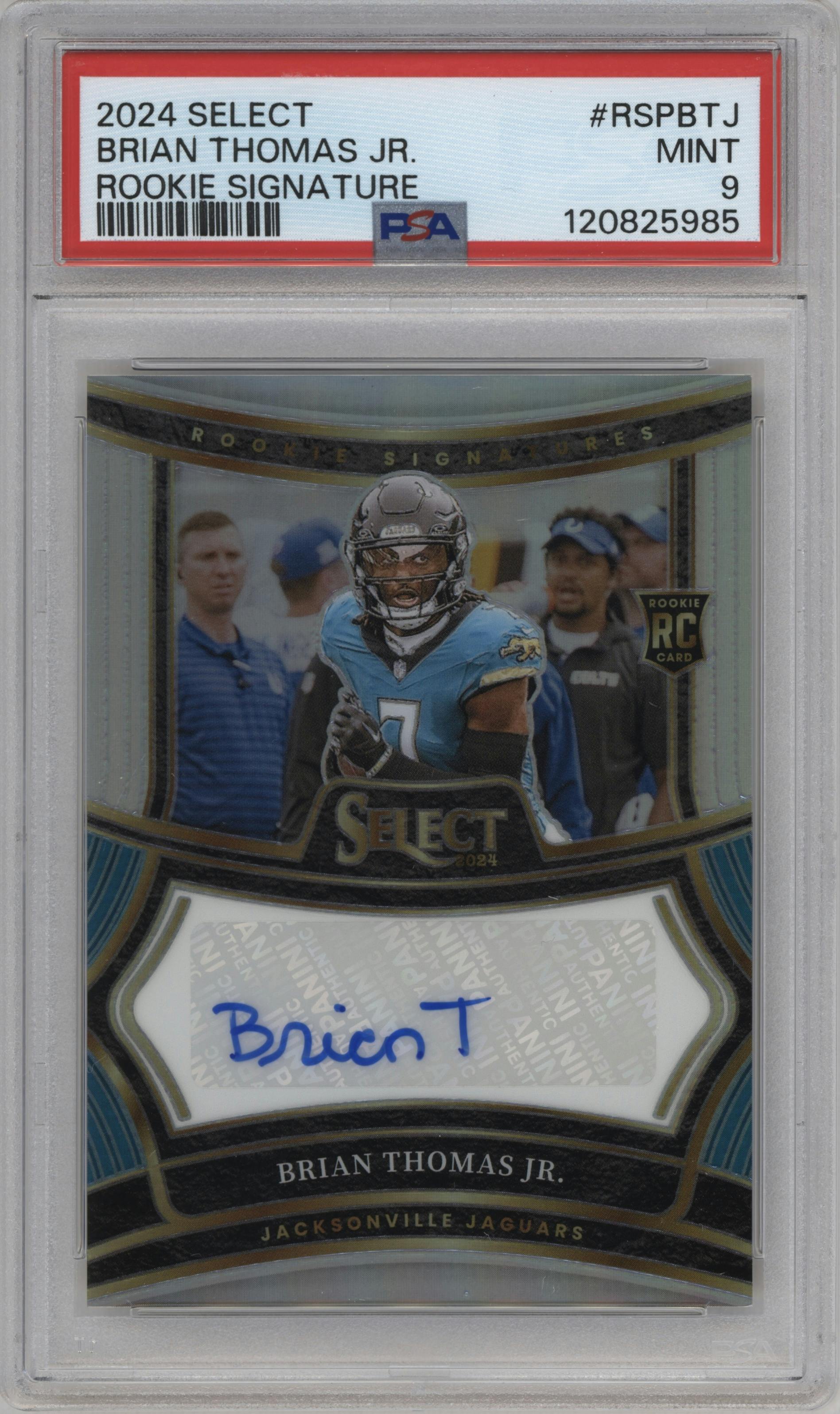Brian Thomas Jr. from the 2024 Panini Select set graded by PSA and given an overall grade of 9.