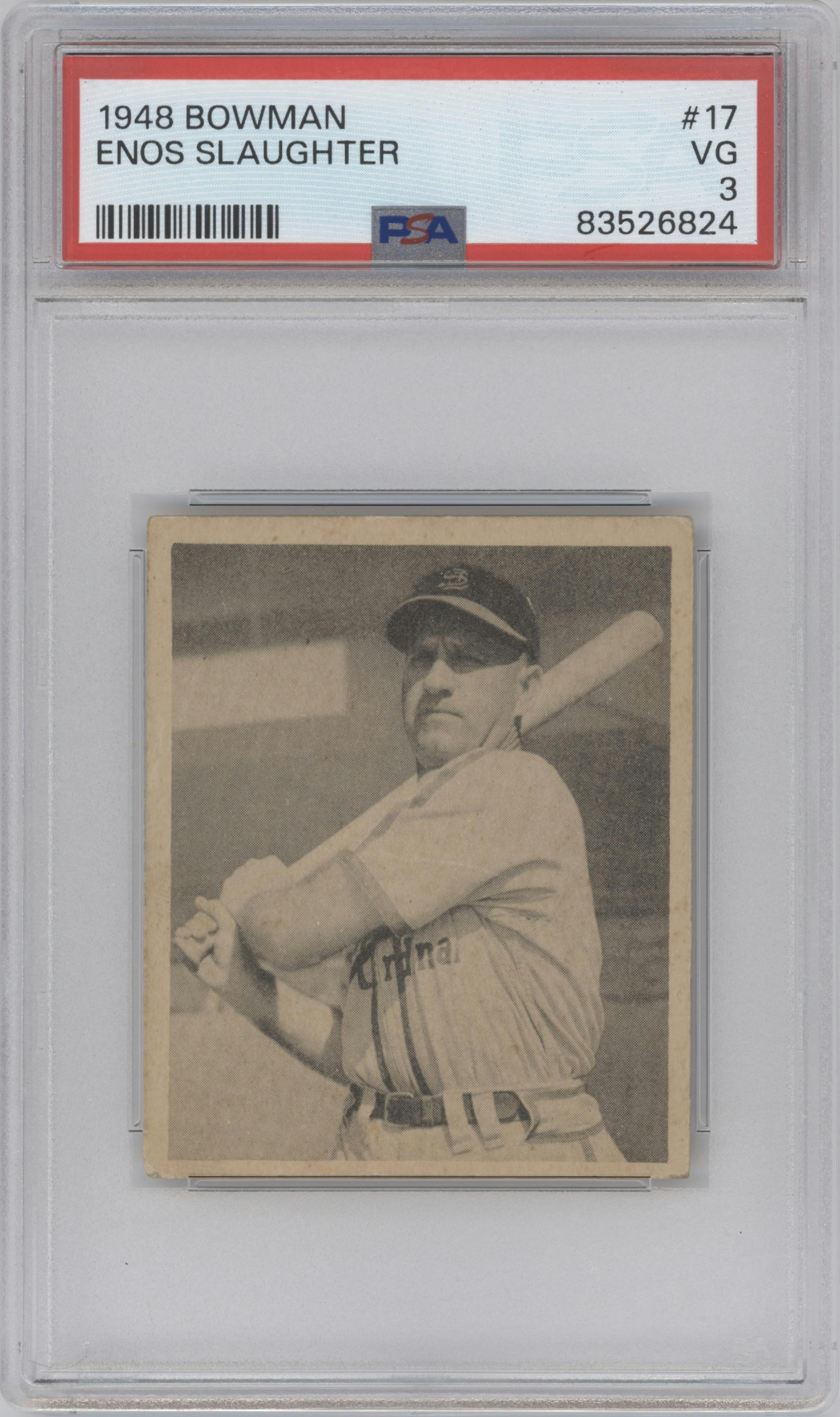 Enos Slaughter from the 1948 Bowman set graded by PSA and given an overall grade of 3.