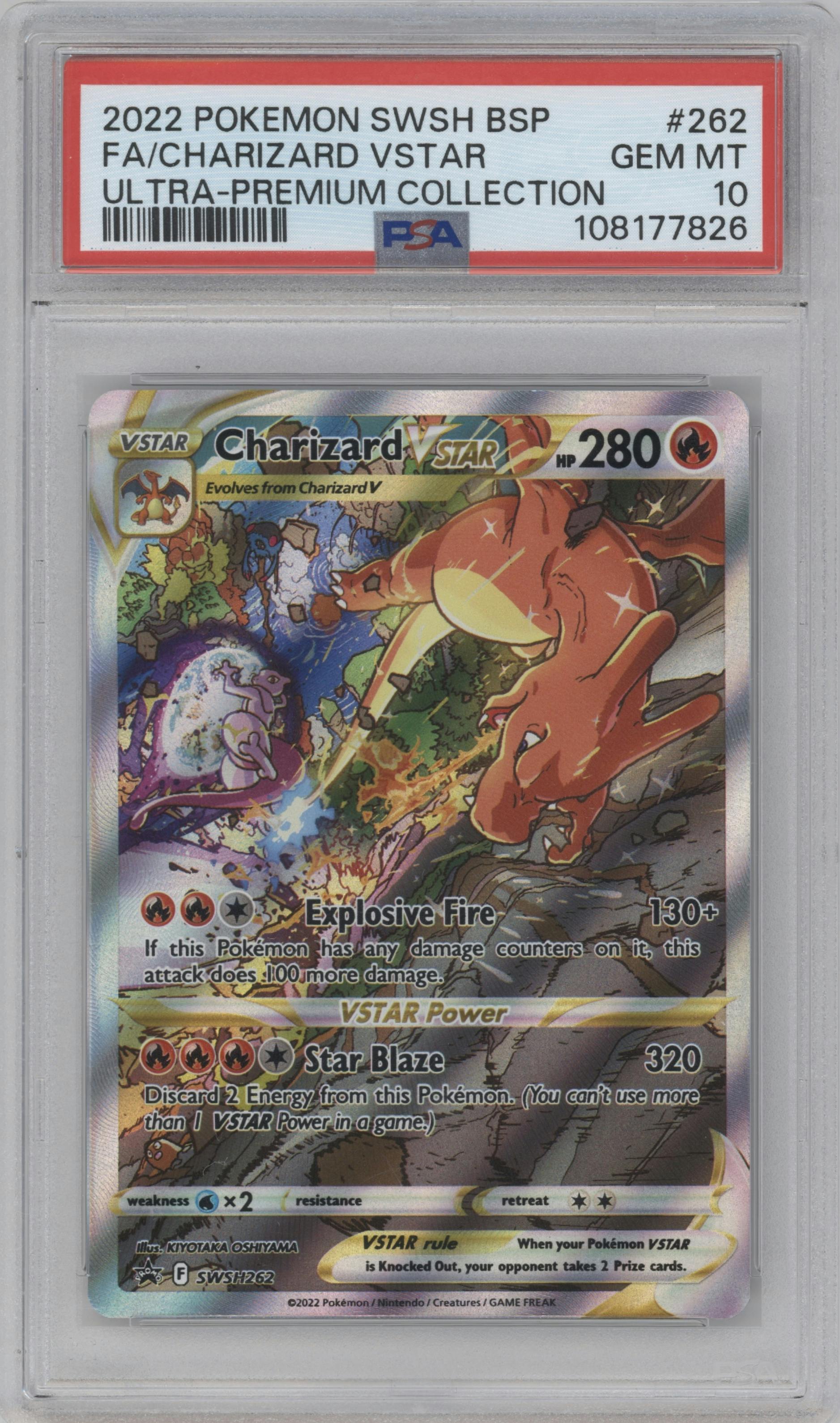 Charizard VSTAR from the 2022 Pokemon SWSH set featuring a Ultra Premium Collection parallel graded by PSA and given an overall grade of 10.