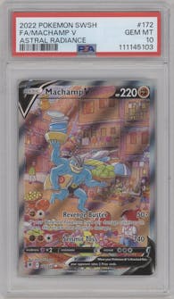 Machamp V from the 2022 Pokemon SWSH set graded by PSA and given an overall grade of 10.