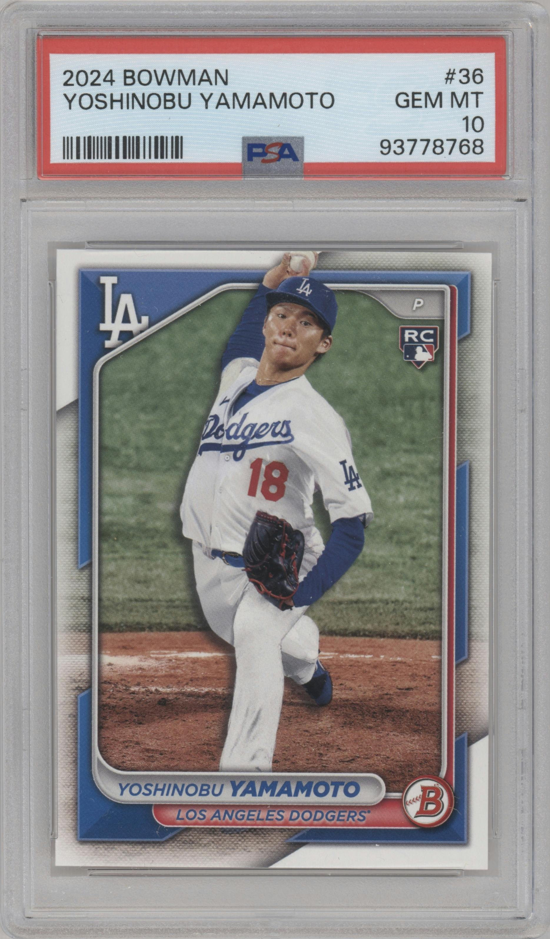 Yoshinobu Yamamoto from the 2024 Bowman set graded by PSA and given an overall grade of 10.