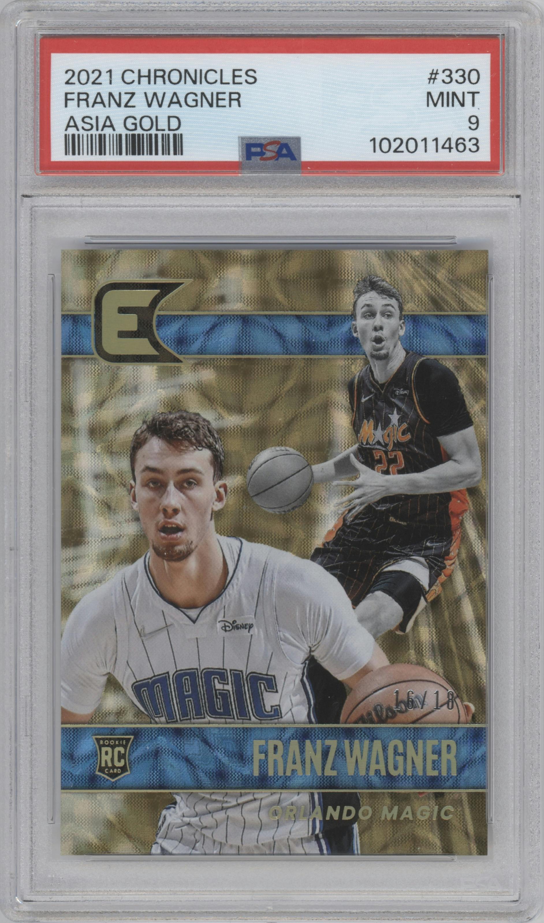 Franz Wagner from the 2021-22 Panini Chronicles set featuring a Asia Gold parallel graded by PSA and given an overall grade of 9.