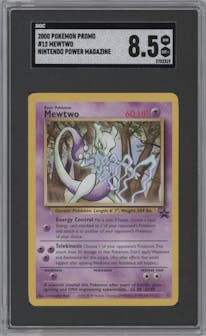 Mewtwo from the 2000 Pokemon set featuring a Nintendo Power Magazine parallel graded by SGC and given an overall grade of 8.5.