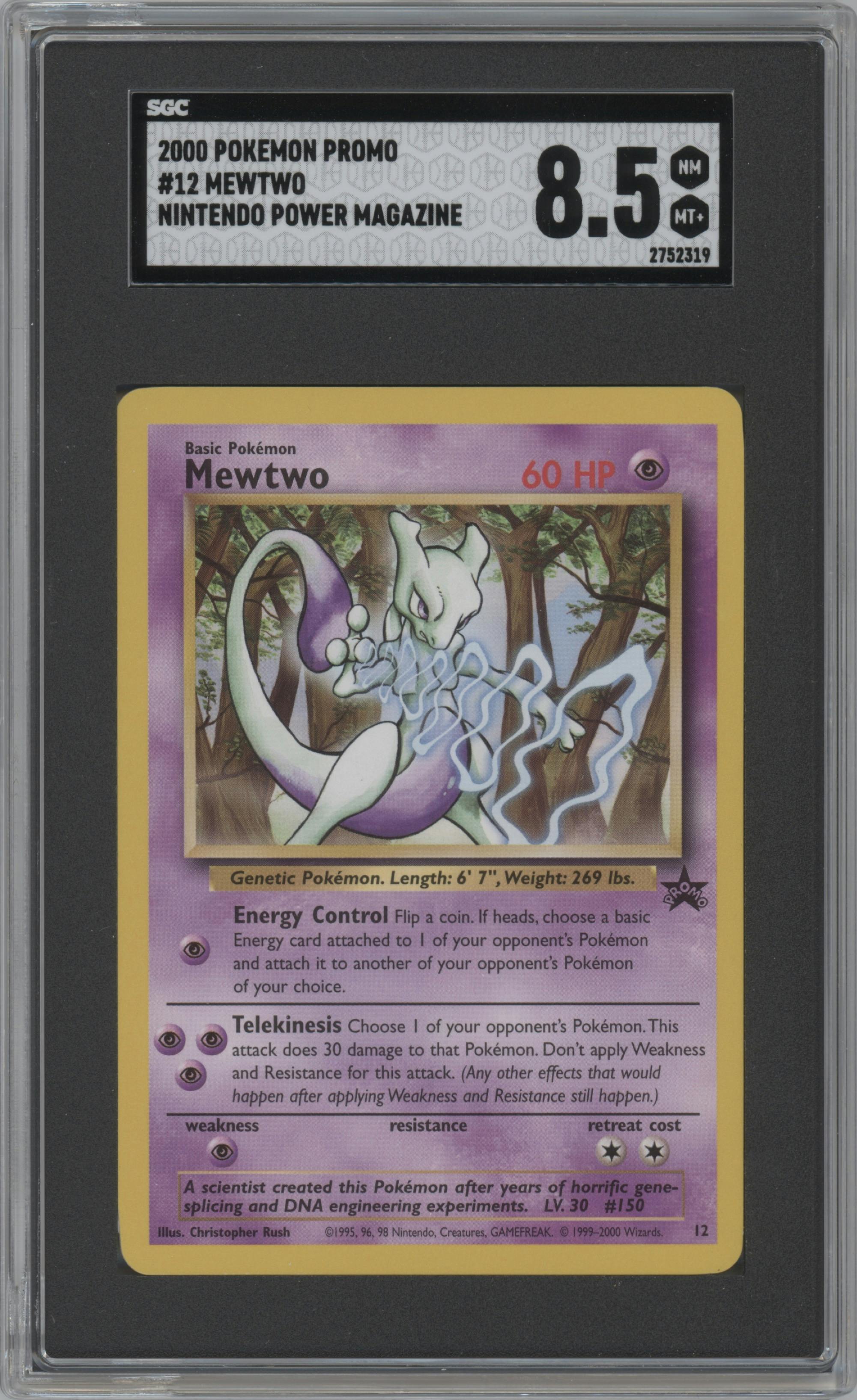 Mewtwo from the 2000 Pokemon set featuring a Nintendo Power Magazine parallel graded by SGC and given an overall grade of 8.5.