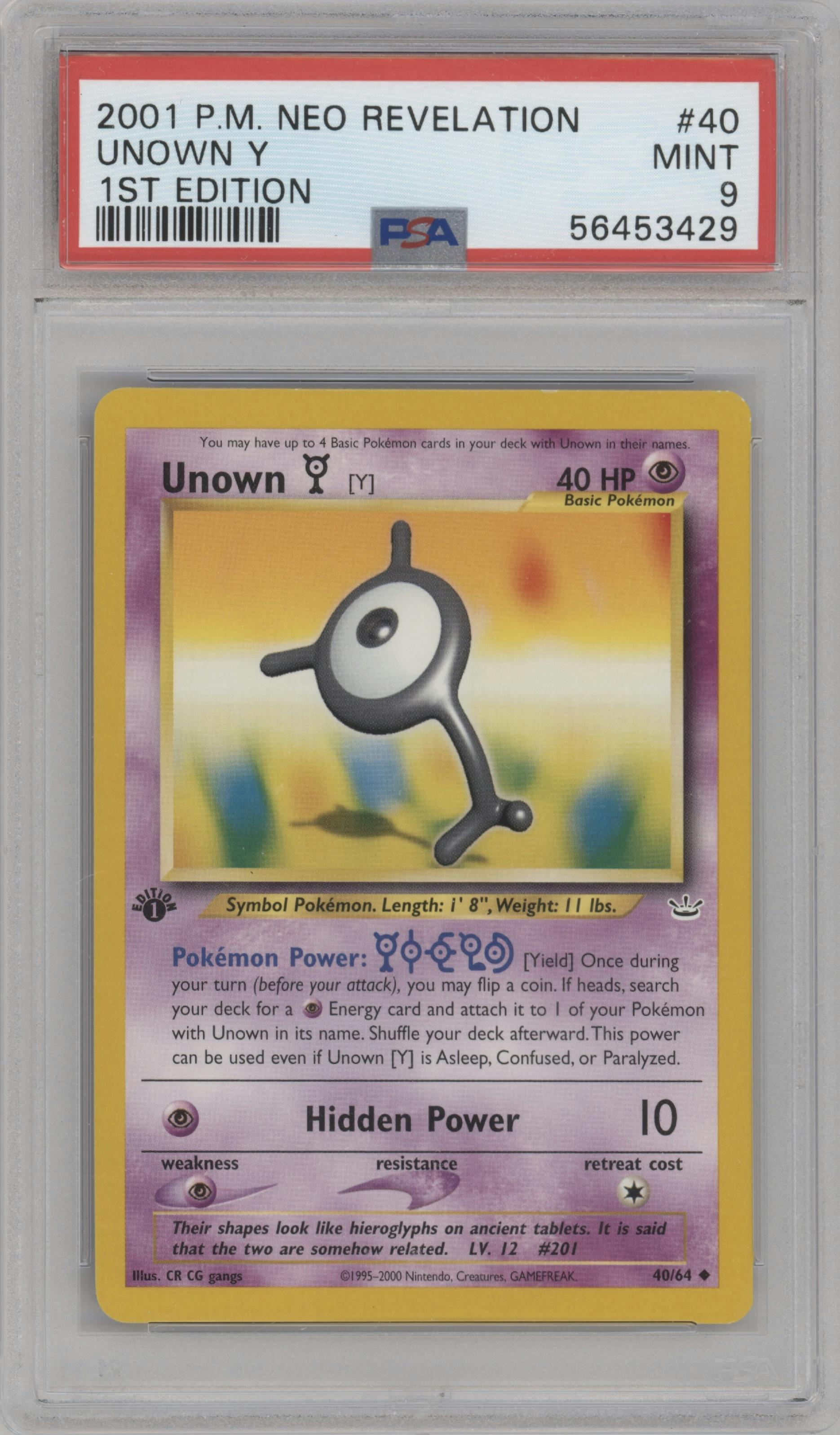 Unown Y from the 2001 Pokemon Neo Genesis set graded by PSA and given an overall grade of 9.