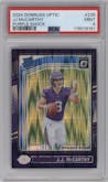 J.J. McCarthy from the 2024 Donruss Optic set featuring a Purple Shock parallel graded by PSA and given an overall grade of 9.