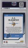 J.J. McCarthy from the 2024 Donruss Optic set featuring a Purple Shock parallel graded by PSA and given an overall grade of 9.