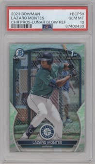 Lazaro Montes from the 2023 Bowman  set featuring a Lunar Glow Refractor  parallel graded by PSA and given an overall grade of 10.