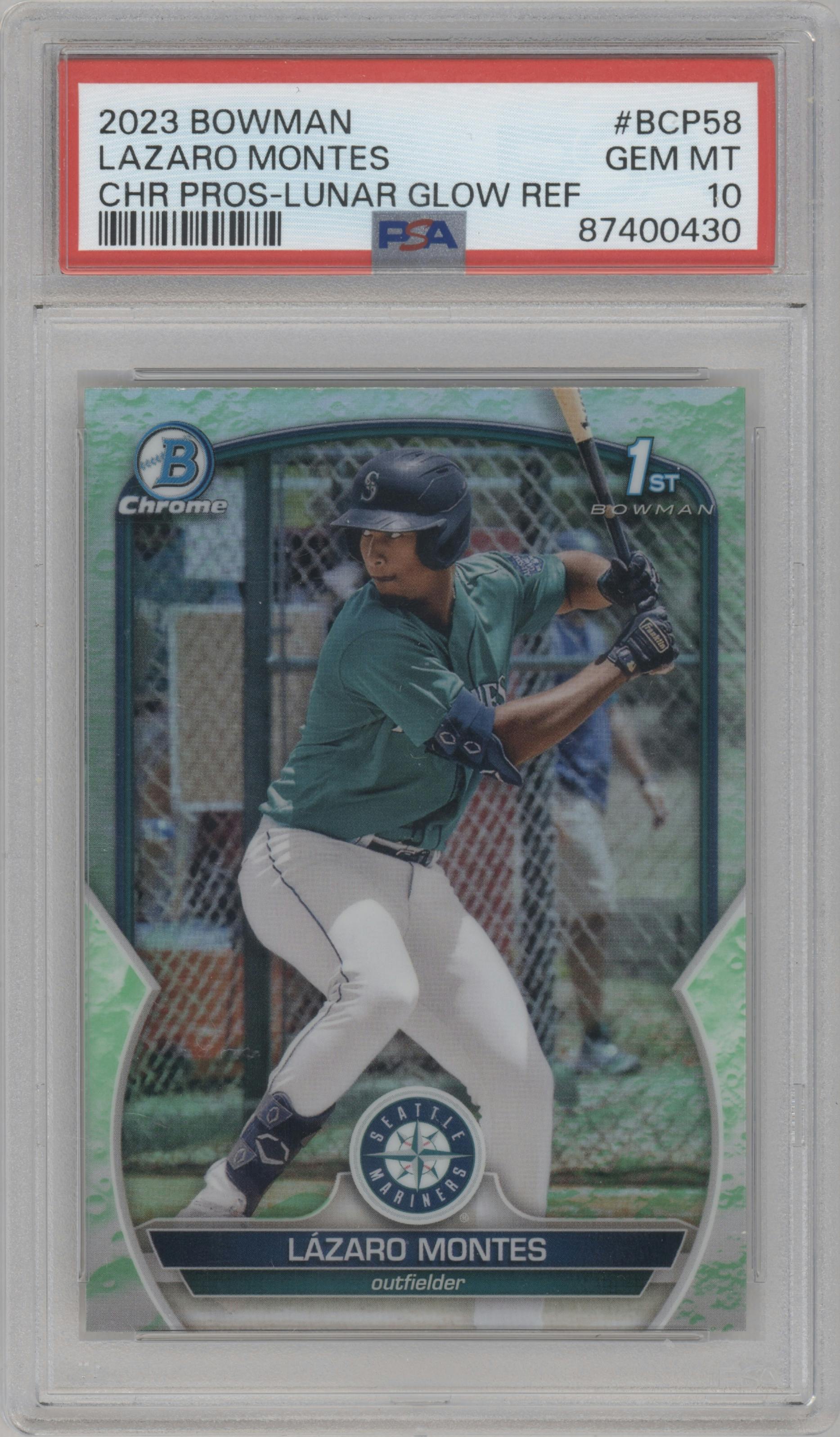 Lazaro Montes from the 2023 Bowman  set featuring a Lunar Glow Refractor  parallel graded by PSA and given an overall grade of 10.