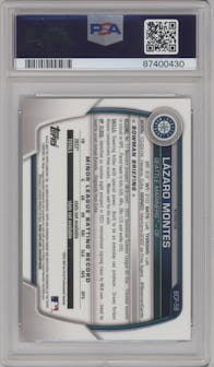 Lazaro Montes from the 2023 Bowman  set featuring a Lunar Glow Refractor  parallel graded by PSA and given an overall grade of 10.