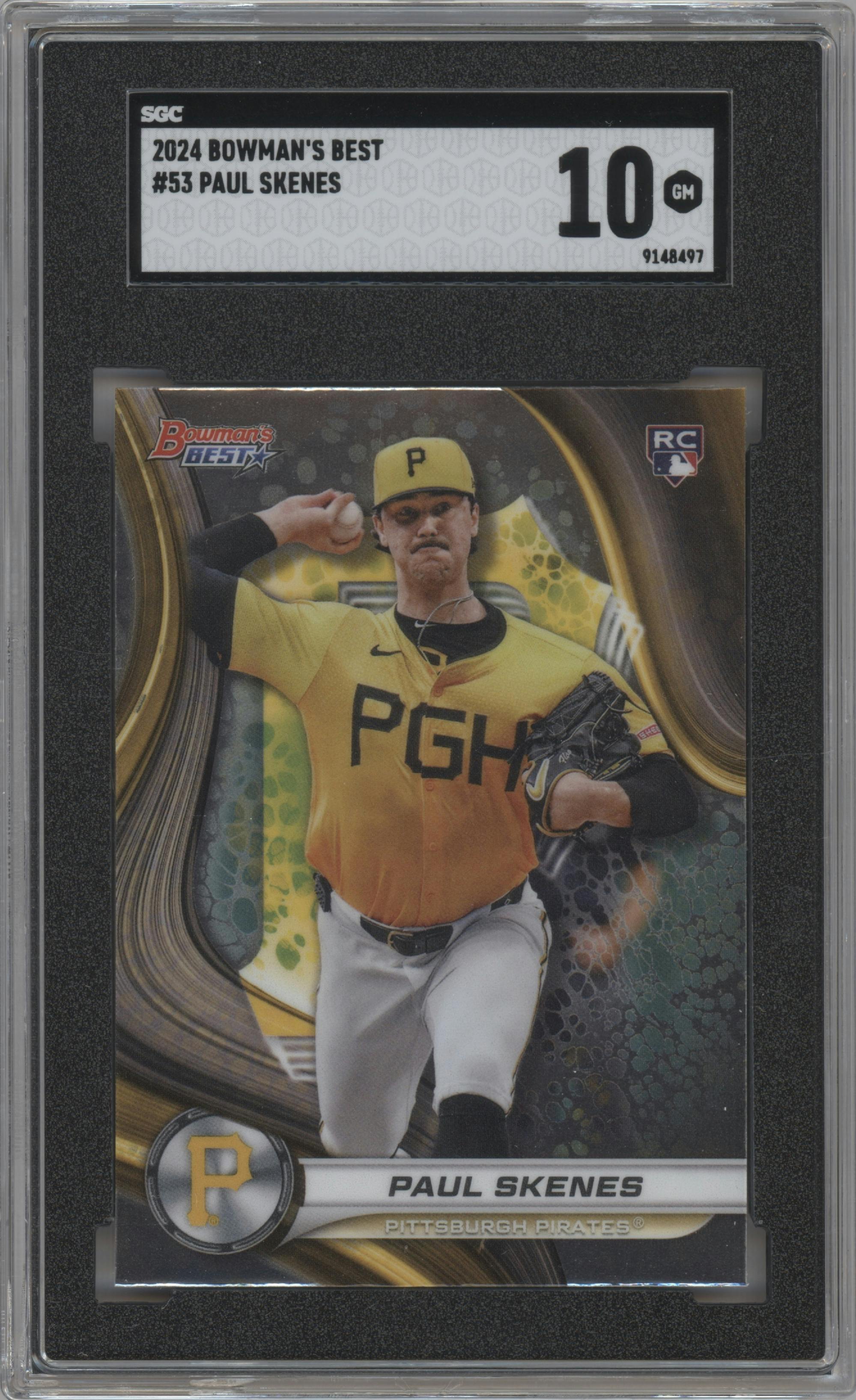 Paul Skenes from the 2024 Bowman's Best set graded by SGC and given an overall grade of 10.