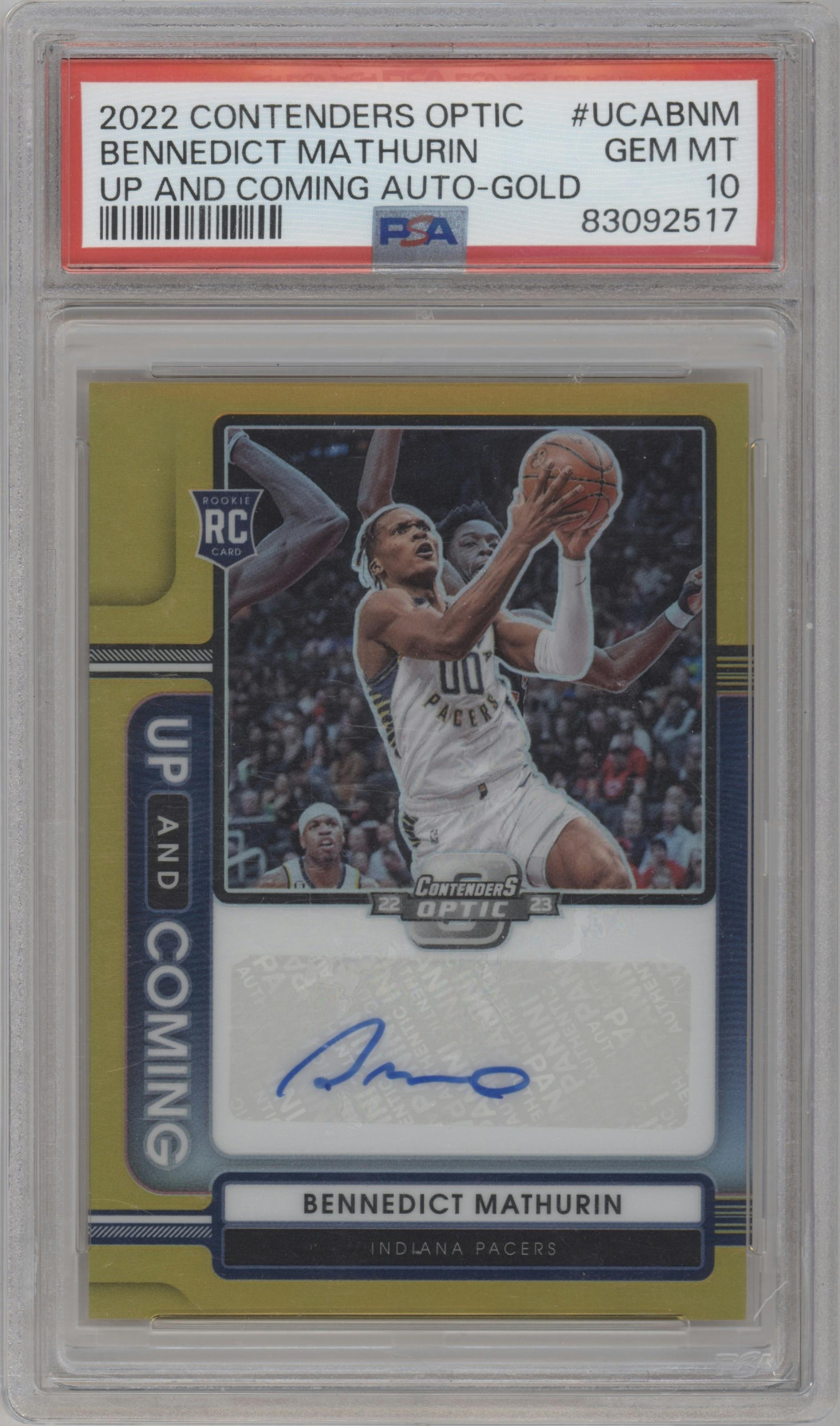 Bennedict Mathurin from the 2022-23 Panini Contenders Optic set featuring a Gold parallel graded by PSA and given an overall grade of 10.
