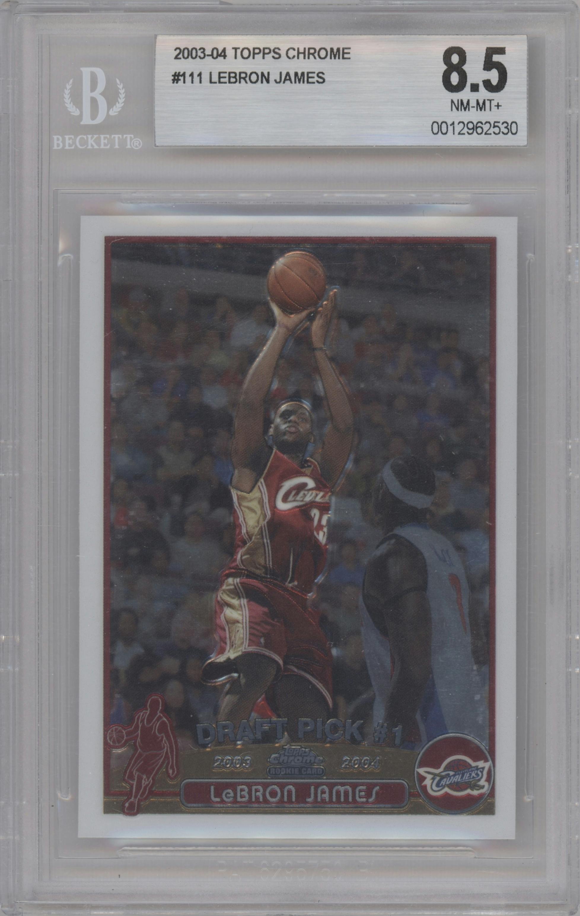 LeBron James from the 2003-04 Topps Chrome set graded by Beckett and given an overall grade of 8.5.