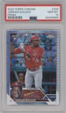 Jordan Walker from the 2023 Topps Chrome set featuring a Prism Refractor parallel graded by PSA and given an overall grade of 10.