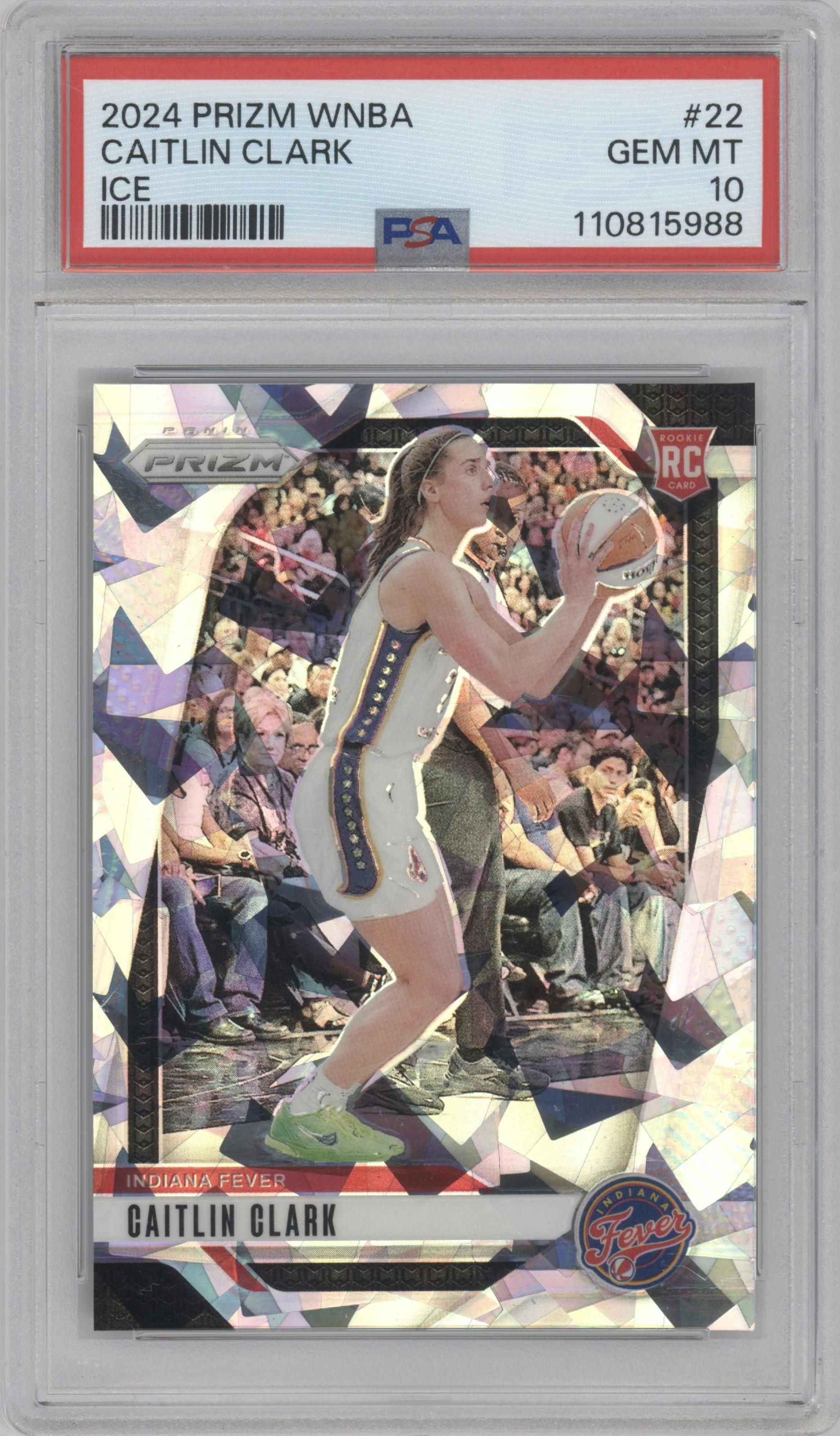 Caitlin Clark from the 2024 Panini Prizm WNBA set featuring a Ice Prizm parallel graded by PSA and given an overall grade of 10.