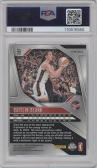 Caitlin Clark from the 2024 Panini Prizm WNBA set featuring a Ice Prizm parallel graded by PSA and given an overall grade of 10.