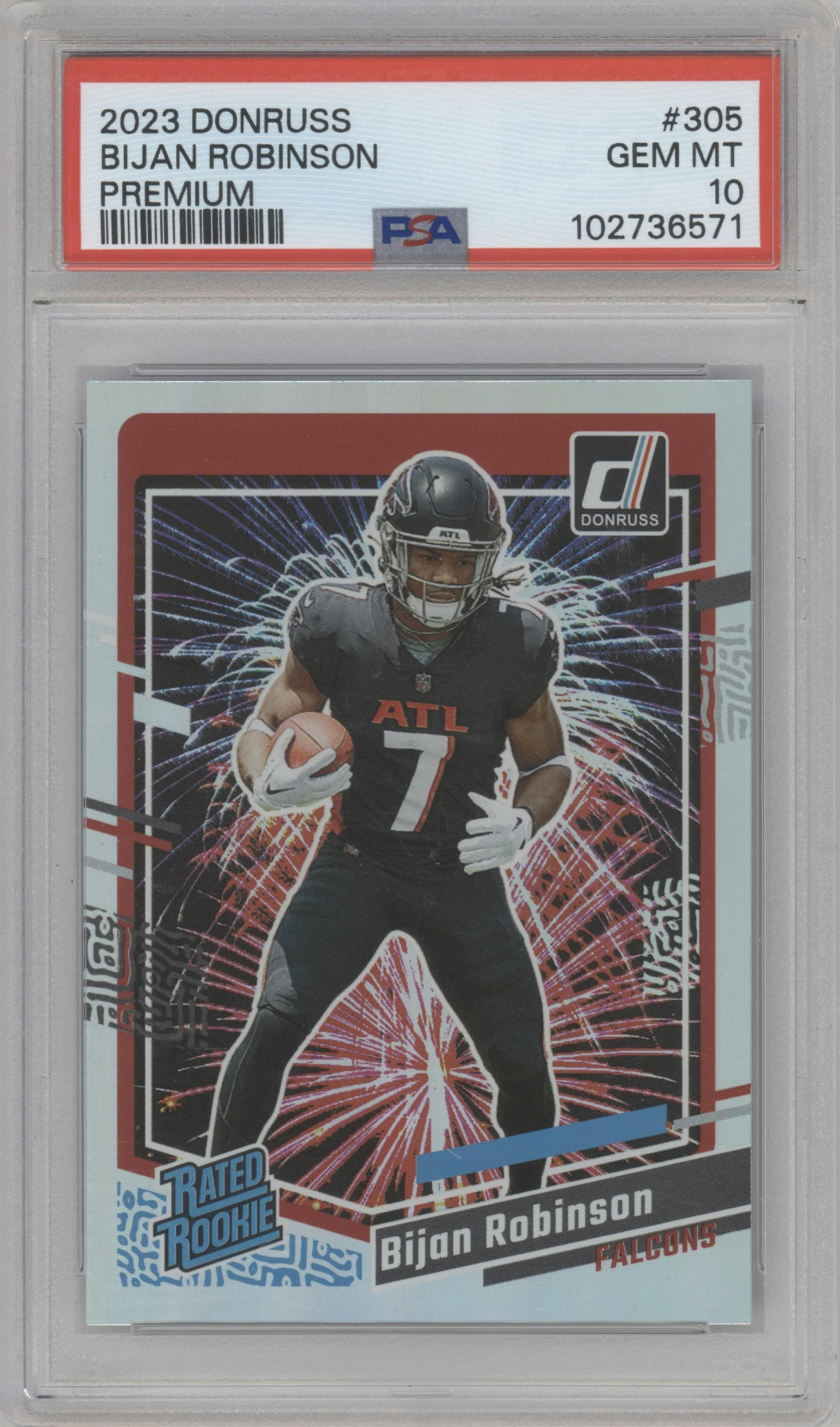 Bijan Robinson from the 2023 Panini Donruss set graded by PSA and given an overall grade of 10.