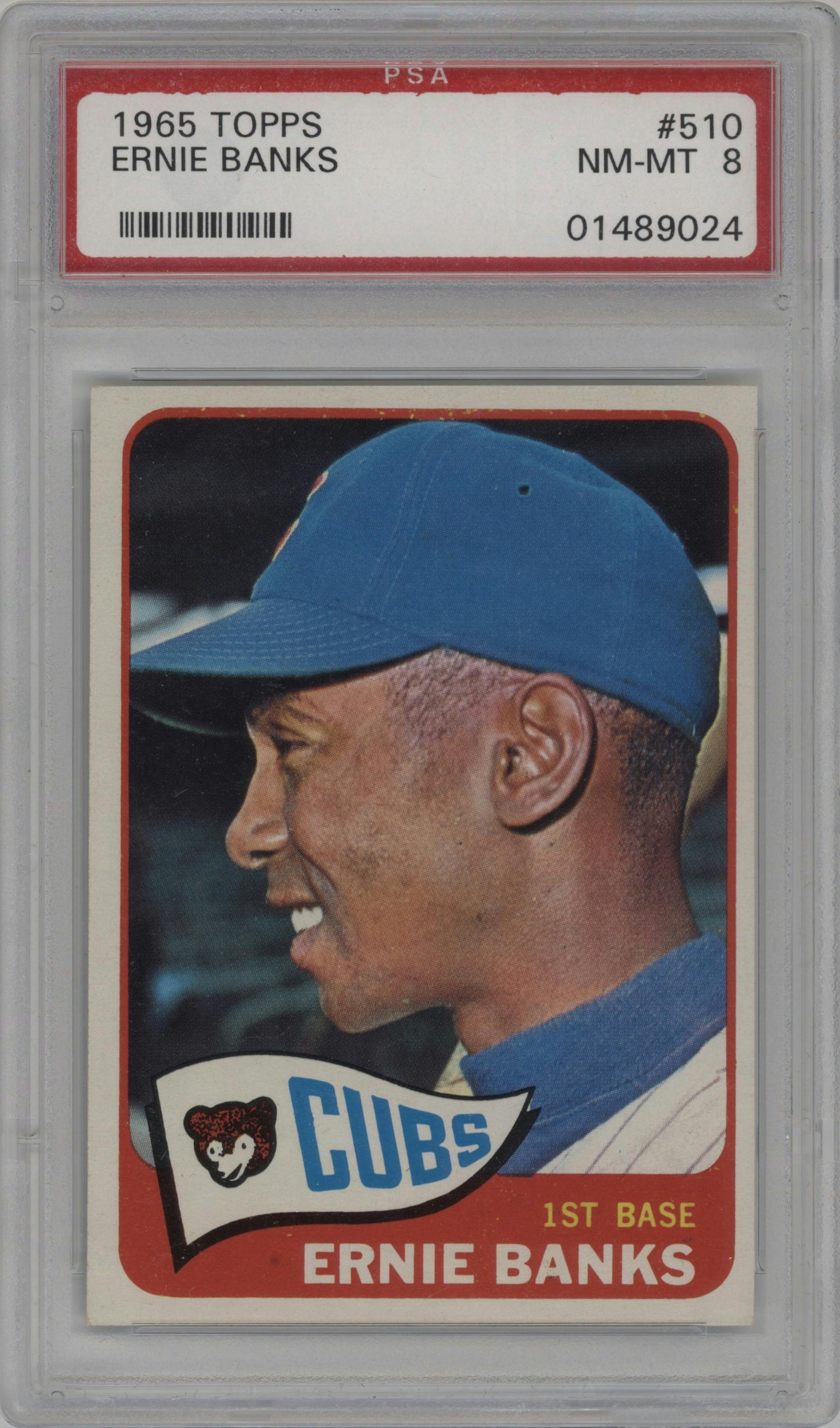 Ernie Banks from the 1965 Topps set graded by PSA and given an overall grade of 8.