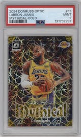 LeBron James from the 2024-25 Donruss Optic set featuring a Gold parallel graded by PSA and given an overall grade of 9.