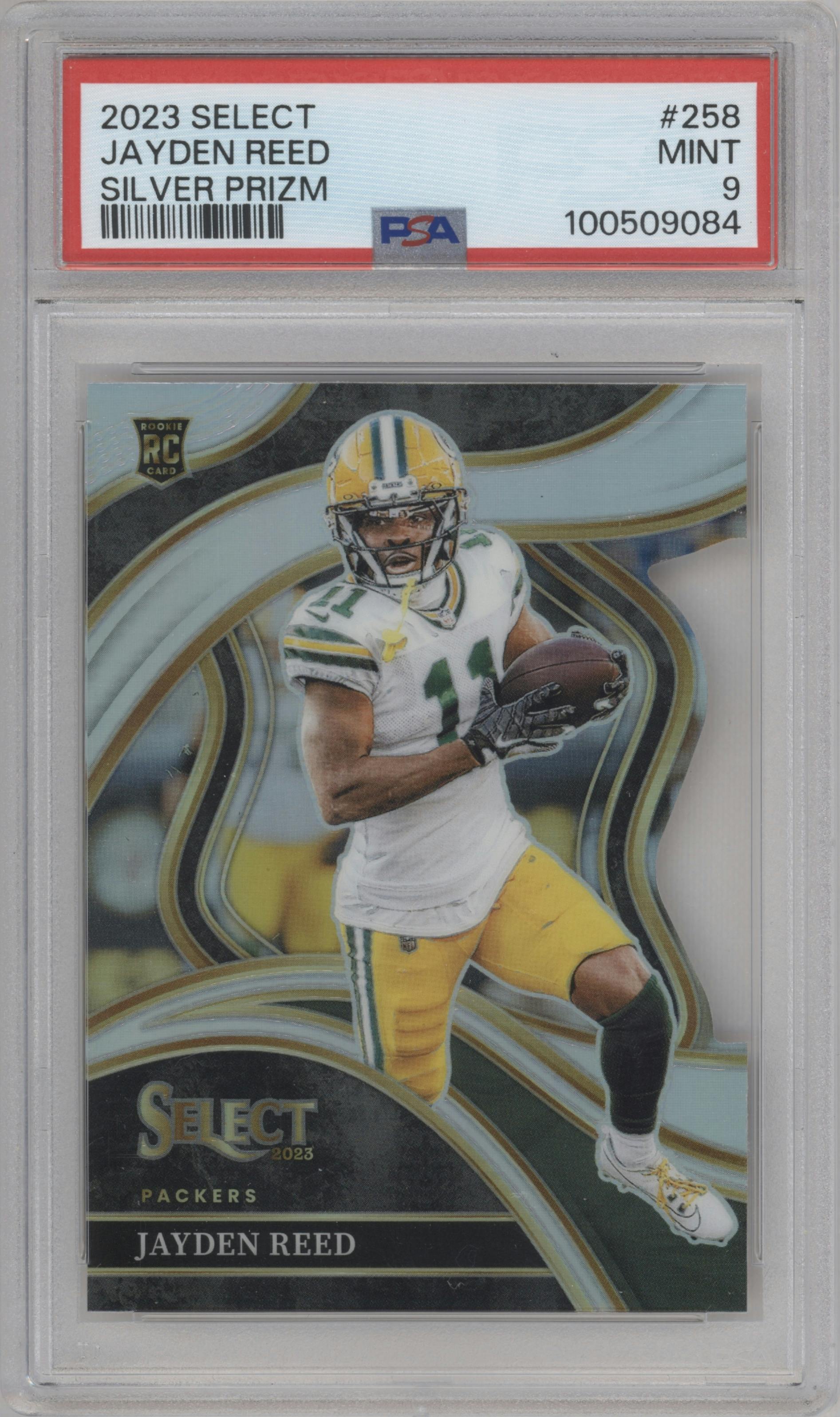Jayden Reed  from the 2023 Panini Select set featuring a Silver Prizm parallel graded by PSA and given an overall grade of 9.