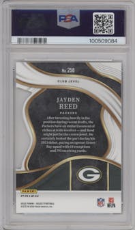 Jayden Reed  from the 2023 Panini Select set featuring a Silver Prizm parallel graded by PSA and given an overall grade of 9.