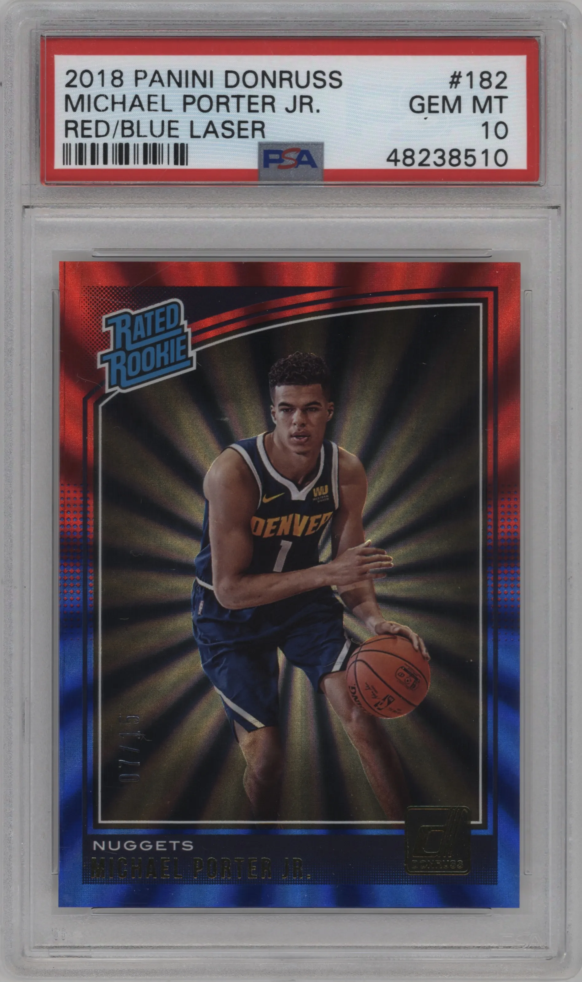 2018 Panini Donruss Rated Rookie Michael Porter Jr. Red/Blue Laser #182 PSA 10