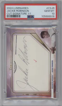 Jackie Robinson from the 2024 Topps Luminaries set graded by PSA and given an overall grade of 10.