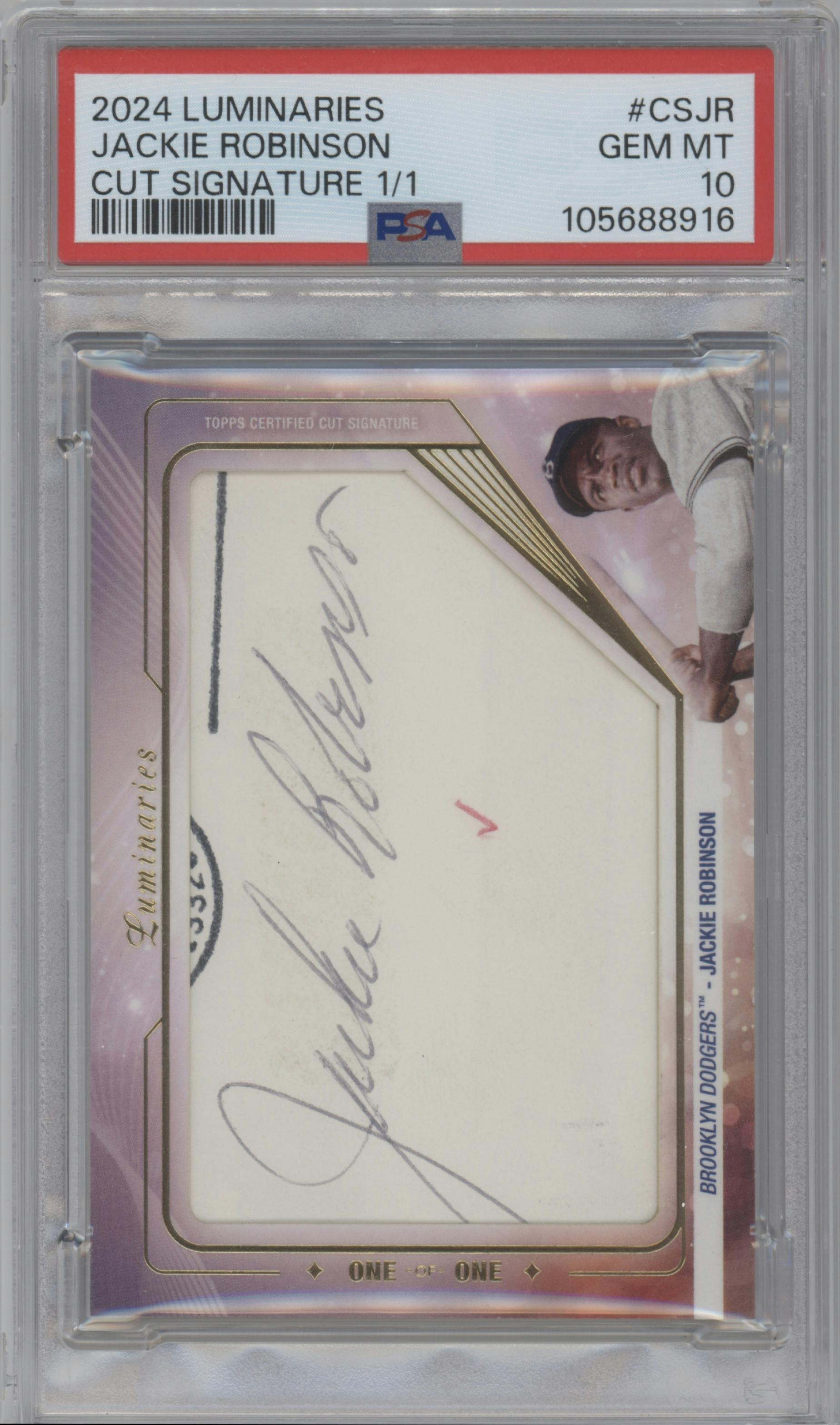 Jackie Robinson from the 2024 Topps Luminaries set graded by PSA and given an overall grade of 10.