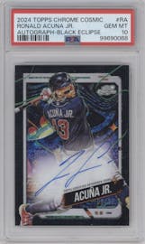 Ronald Acuna Jr. from the 2024 Topps Cosmic Chrome set featuring a Black Eclipse Refractor parallel graded by PSA and given an overall grade of 10.