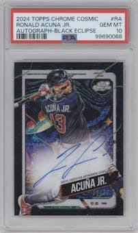 Ronald Acuna Jr. from the 2024 Topps Cosmic Chrome set featuring a Black Eclipse Refractor parallel graded by PSA and given an overall grade of 10.
