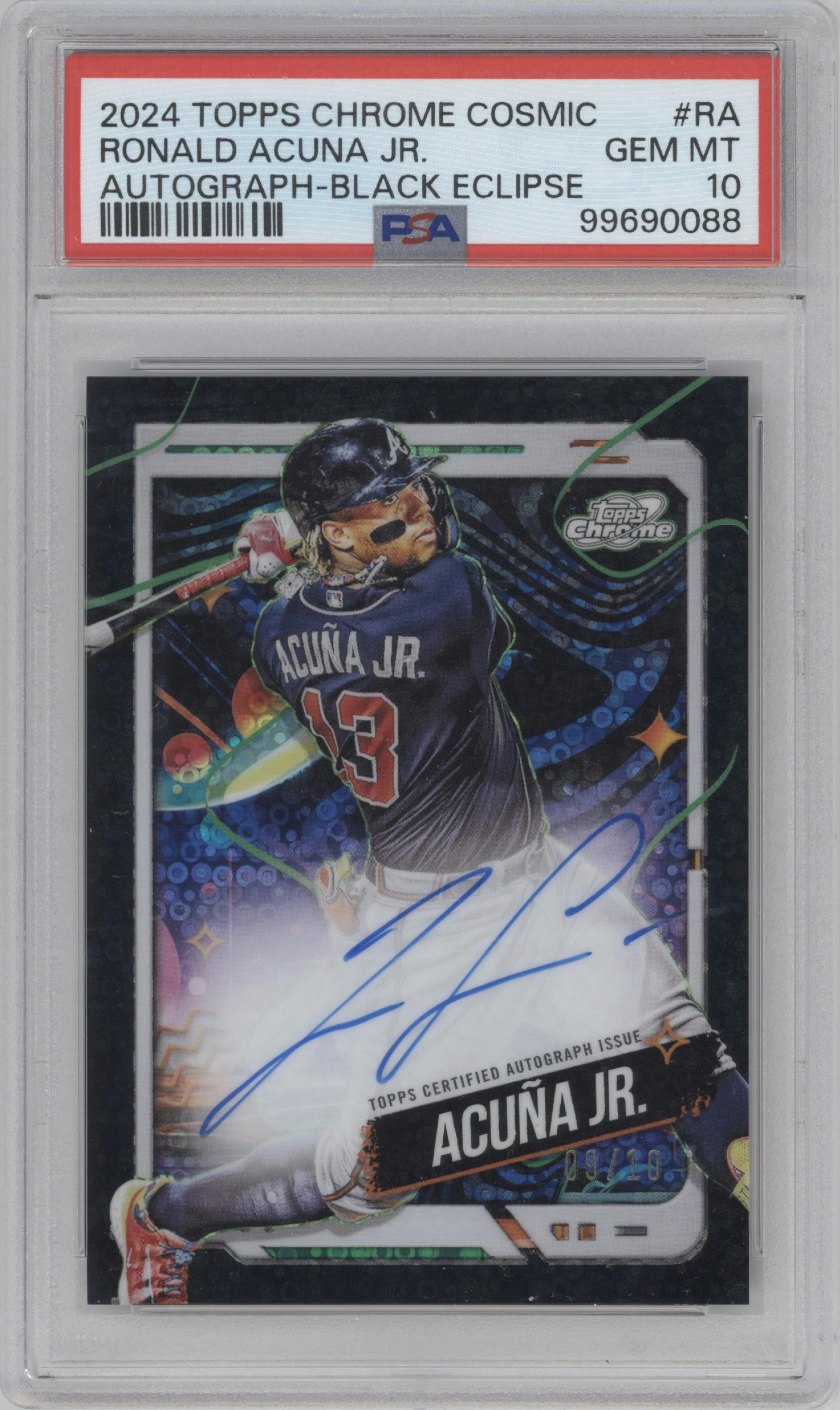 Ronald Acuna Jr. from the 2024 Topps Cosmic Chrome set featuring a Black Eclipse Refractor parallel graded by PSA and given an overall grade of 10.