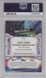 Ronald Acuna Jr. from the 2024 Topps Cosmic Chrome set featuring a Black Eclipse Refractor parallel graded by PSA and given an overall grade of 10.