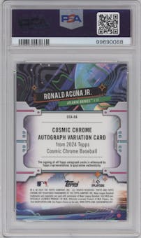 Ronald Acuna Jr. from the 2024 Topps Cosmic Chrome set featuring a Black Eclipse Refractor parallel graded by PSA and given an overall grade of 10.