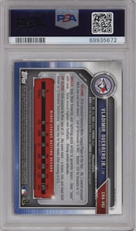 Vladimir Guerrero Jr. from the 2019 Bowman Chrome set featuring a Gold parallel graded by PSA and given an overall grade of 9.