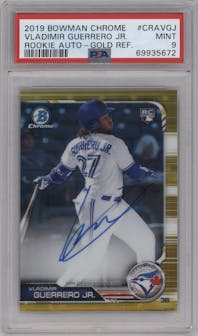 Vladimir Guerrero Jr. from the 2019 Bowman Chrome set featuring a Gold parallel graded by PSA and given an overall grade of 9.